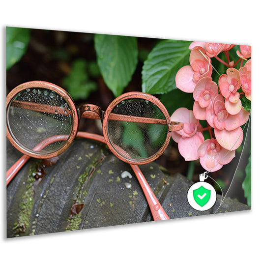 Bril met dauwdruppels en bloemenposter