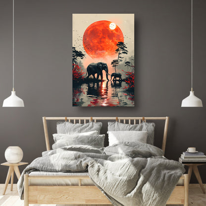 Olifantenfamilie onder bloedmaan poster