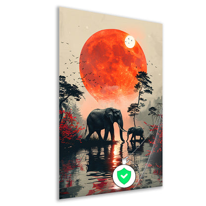 Olifantenfamilie onder bloedmaan poster