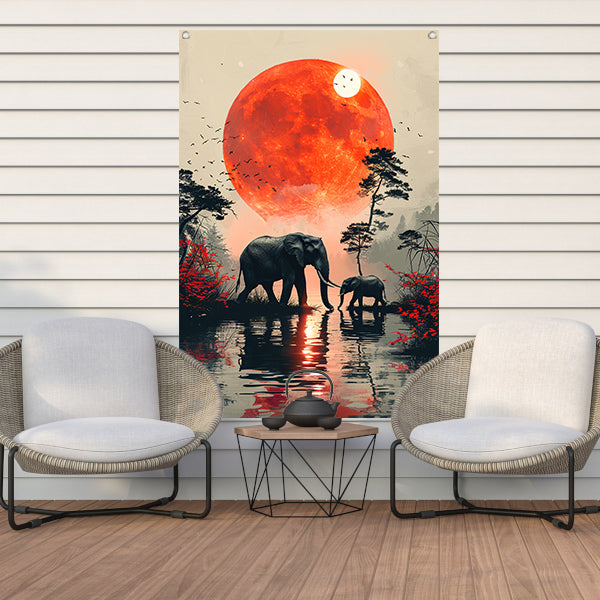Olifantenfamilie onder bloedmaan tuinposter