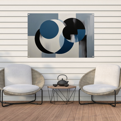 Geometrische abstractie in zwart, wit en blauw tuinposter