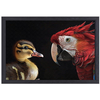 Ara en eend ontmoeting canvas met baklijst