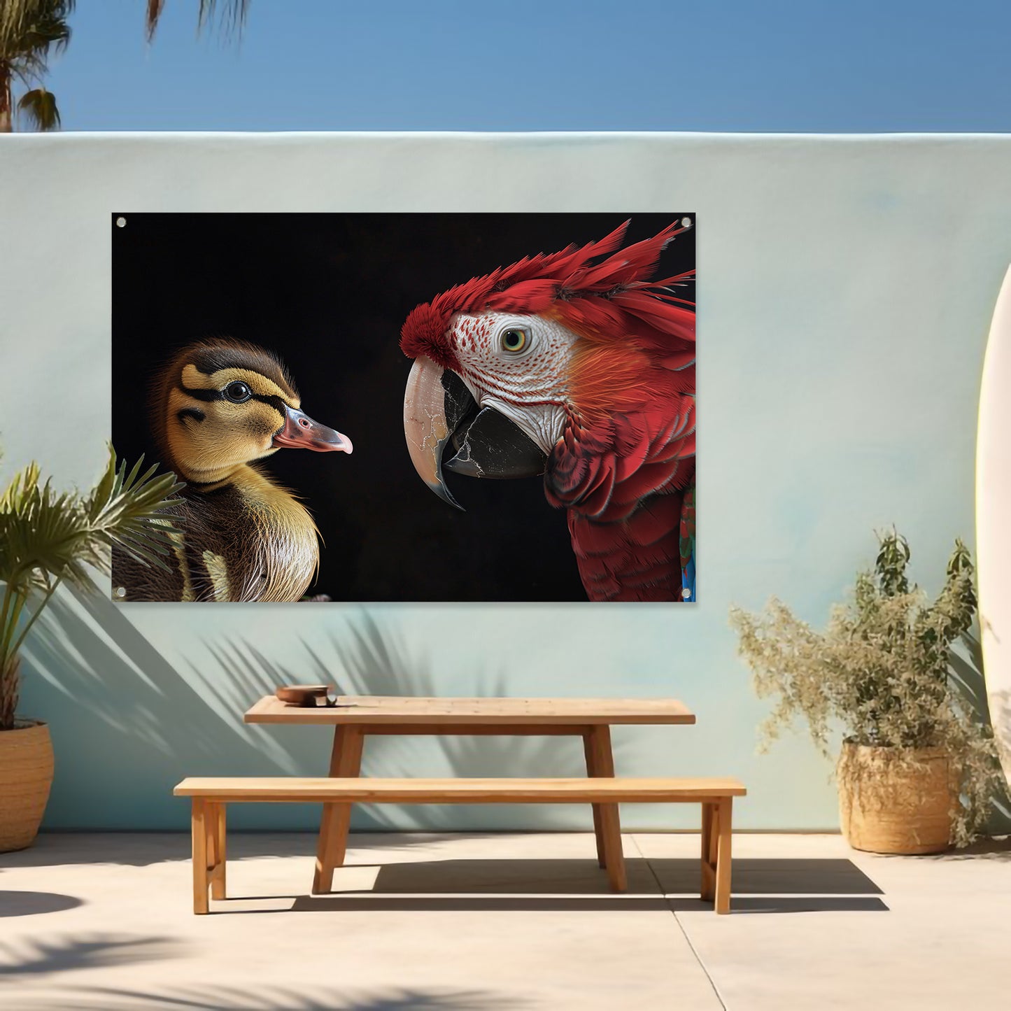 Ara en eend ontmoeting tuinposter