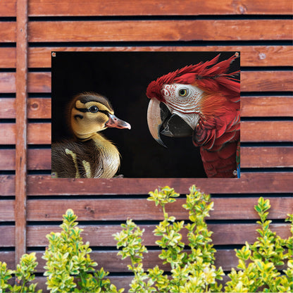 Ara en eend ontmoeting tuinposter
