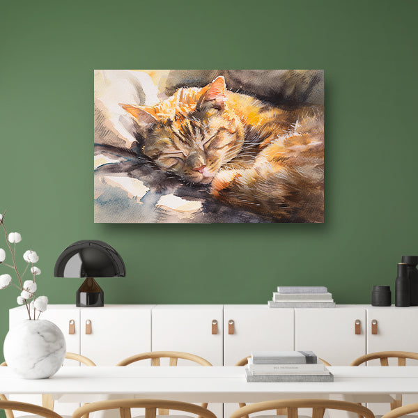 Aquarel van slapende kat op kussen poster