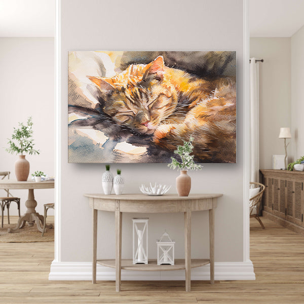 Aquarel van slapende kat op kussen poster