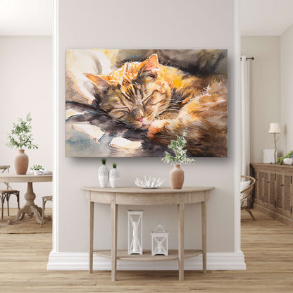 Aquarel van slapende kat op kussen poster