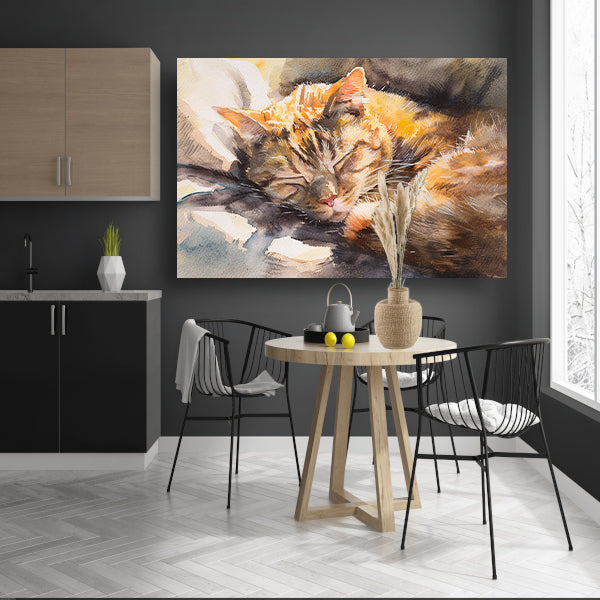 Aquarel van slapende kat op kussen poster