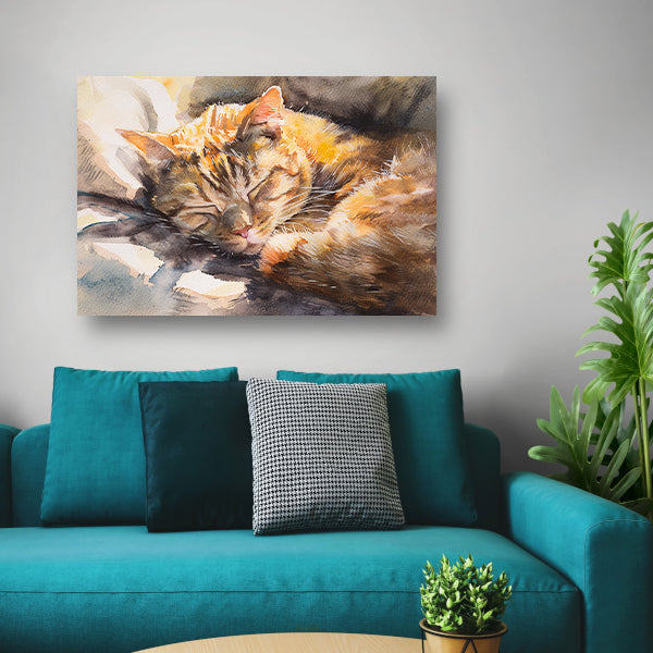 Aquarel van slapende kat op kussen poster