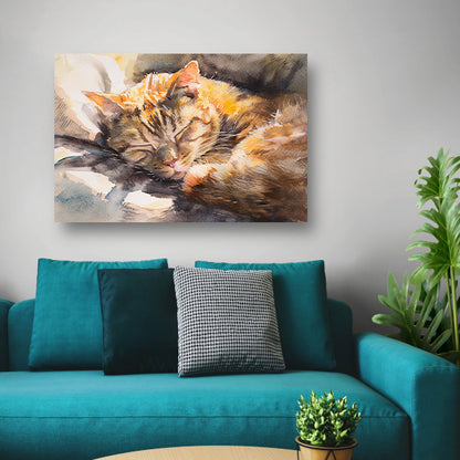 Aquarel van slapende kat op kussen poster