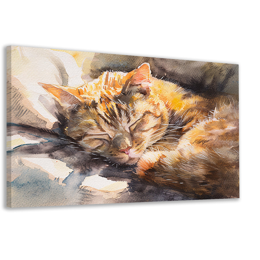 Aquarel van slapende kat op kussen canvas