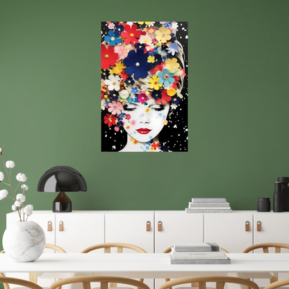 Vrouw omgeven door kleurrijke bloemen Acrylglas