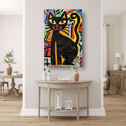 Zwarte kat in kleurrijk street art schilderij canvas met baklijst