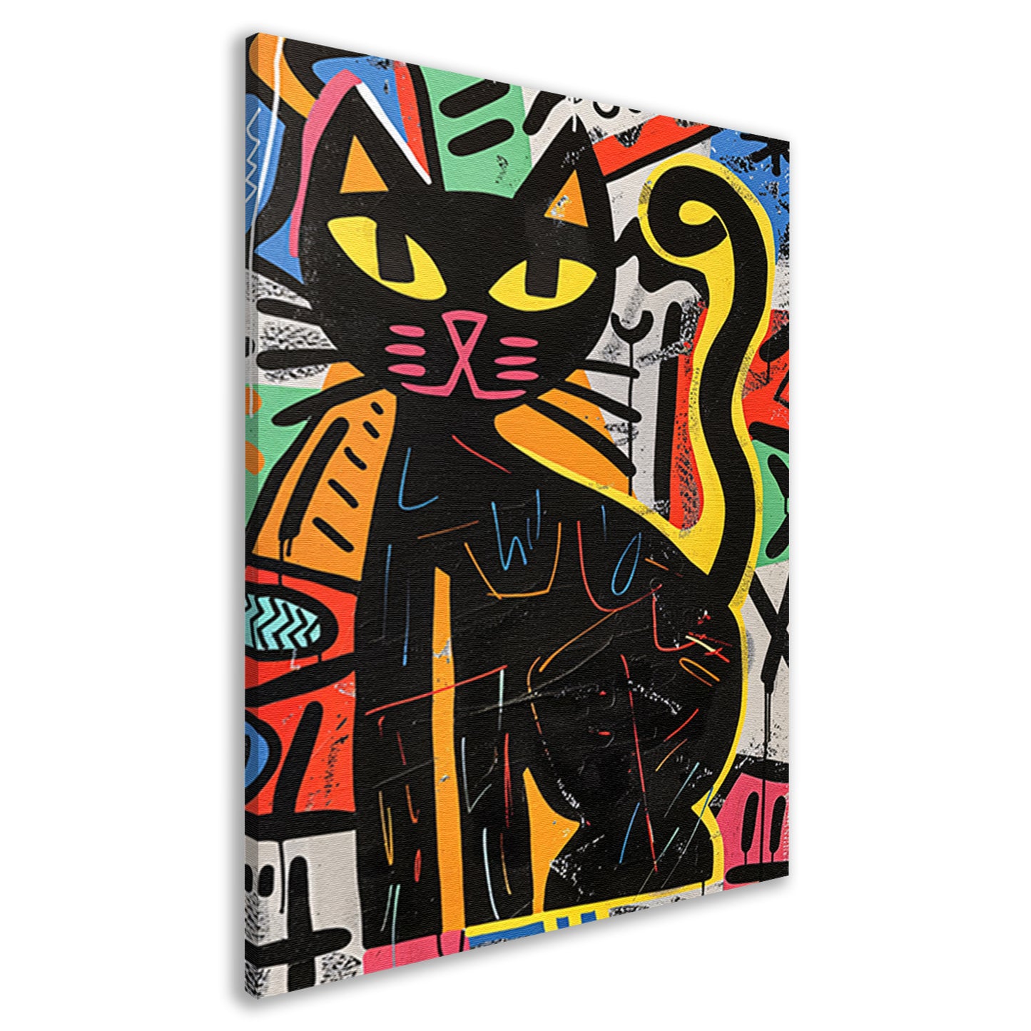 Zwarte kat in kleurrijk street art schilderij canvas