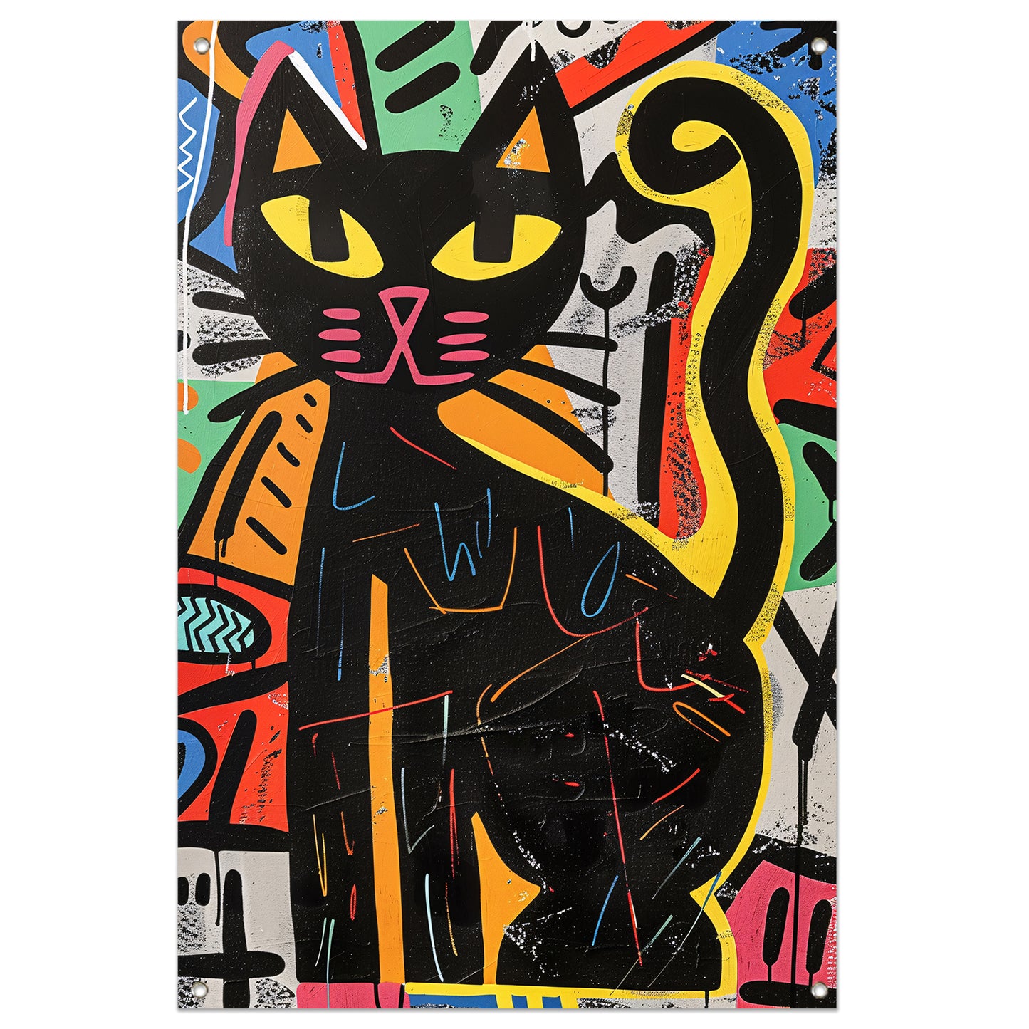 Zwarte kat in kleurrijk street art schilderij tuinposter