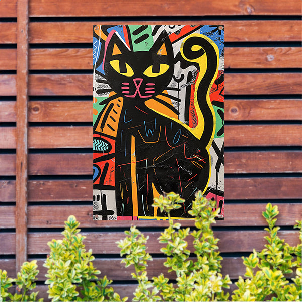 Zwarte kat in kleurrijk street art schilderij tuinposter