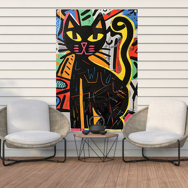 Zwarte kat in kleurrijk street art schilderij tuinposter