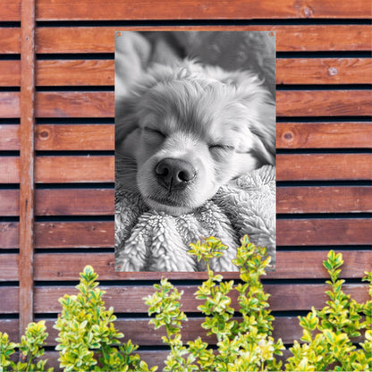 Zwart-wit foto van slapende puppy op deken tuinposter