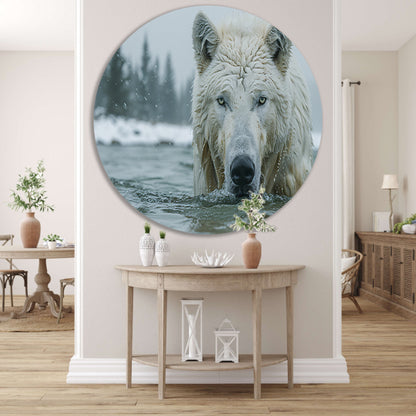 Witte Wolf in Water aluminium muurcirkel