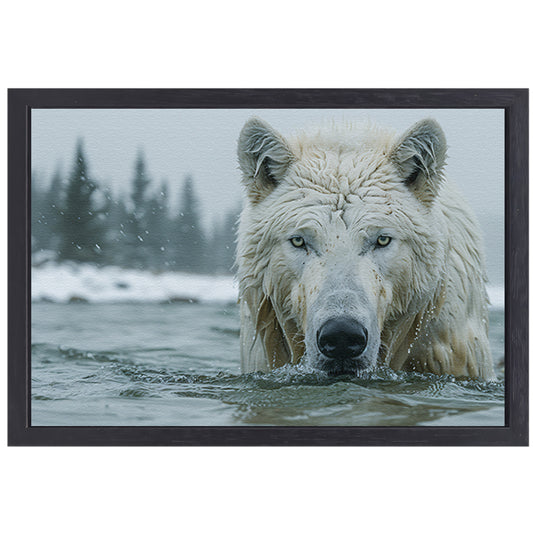 Witte Wolf in Water canvas met baklijst