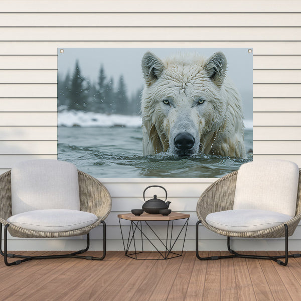 Witte Wolf in Water tuinposter