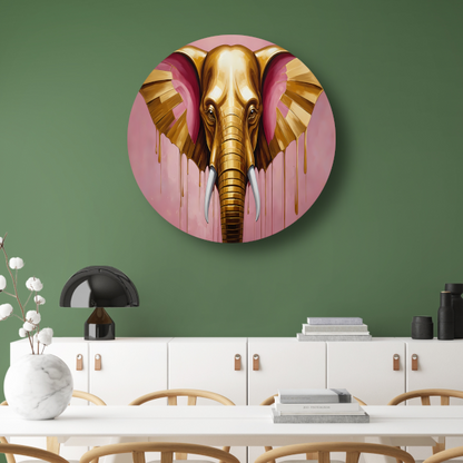 Gouden olifant tegen roze achtergrond aluminium muurcirkel