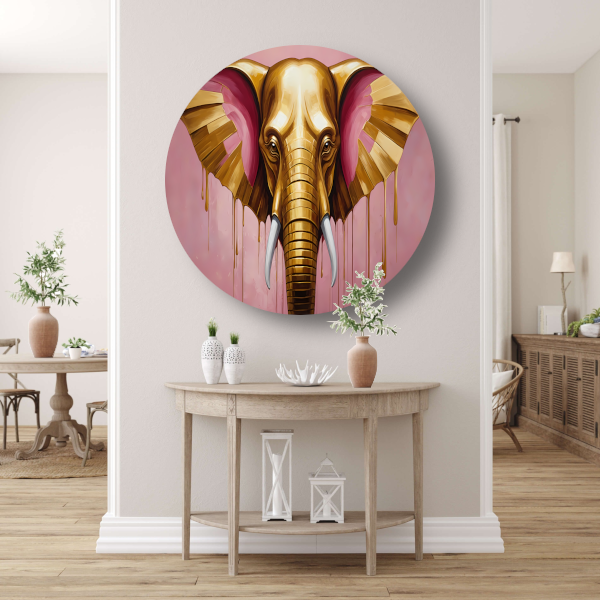 Gouden olifant tegen roze achtergrond aluminium muurcirkel