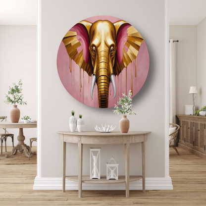 Gouden olifant tegen roze achtergrond aluminium muurcirkel