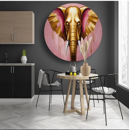 Gouden olifant tegen roze achtergrond aluminium muurcirkel