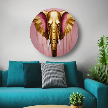 Gouden olifant tegen roze achtergrond aluminium muurcirkel