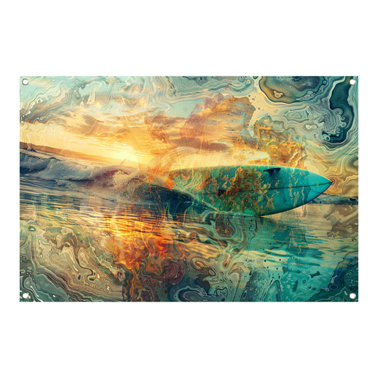 Abstracte Zonsondergang en Surfplank in Zee tuinposter