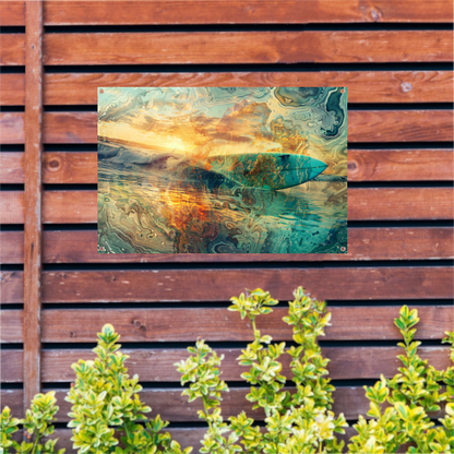 Abstracte Zonsondergang en Surfplank in Zee tuinposter