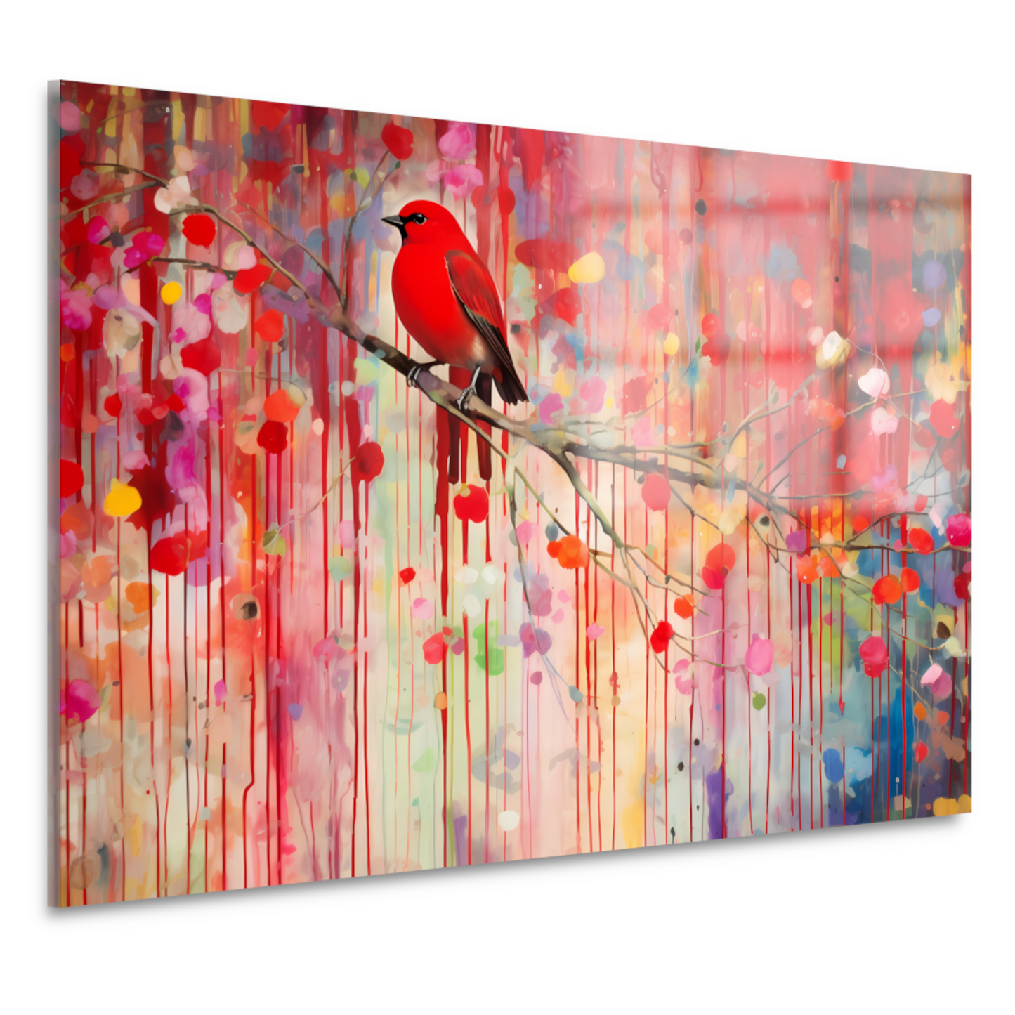 Roodborstje op een tak, Minimalistisch schilderij acrylglas