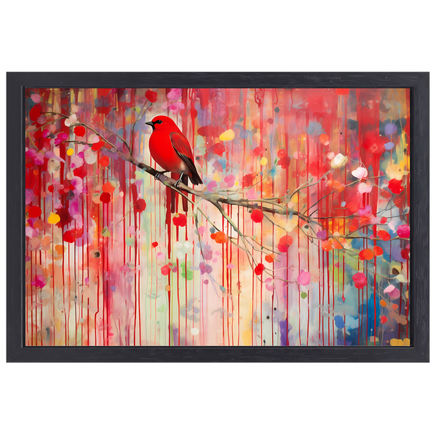 Roodborstje op een tak, Minimalistisch schilderij canvas met baklijst