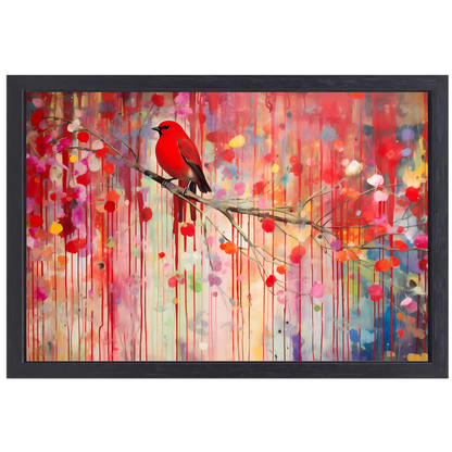 Roodborstje op een tak, Minimalistisch schilderij canvas met baklijst