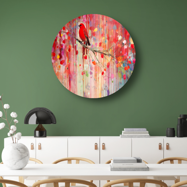 Roodborstje op een tak, Minimalistisch schilderij aluminium muurcirkel