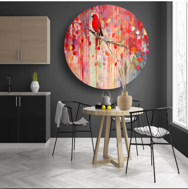 Roodborstje op een tak, Minimalistisch schilderij aluminium muurcirkel