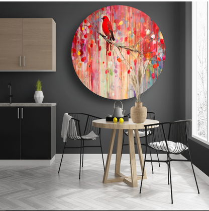 Roodborstje op een tak, Minimalistisch schilderij aluminium muurcirkel