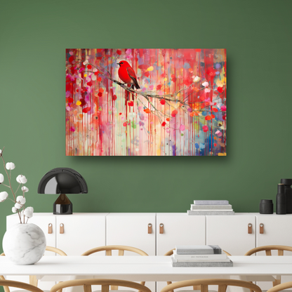 Roodborstje op een tak, Minimalistisch schilderij canvas met baklijst