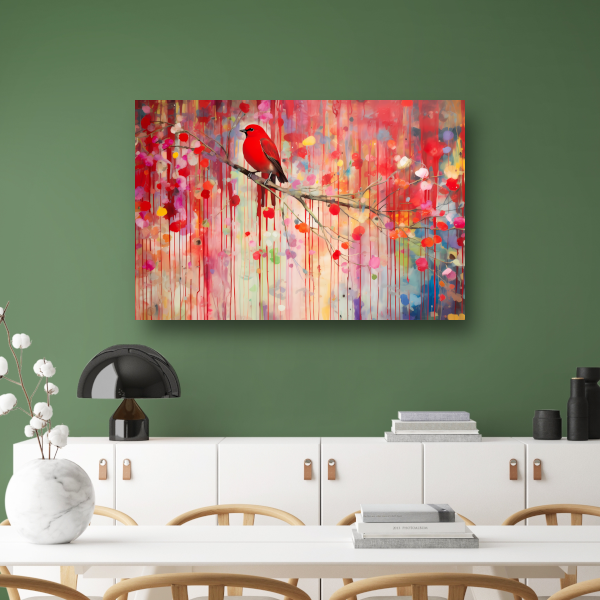 Roodborstje op een tak, Minimalistisch schilderij acrylglas