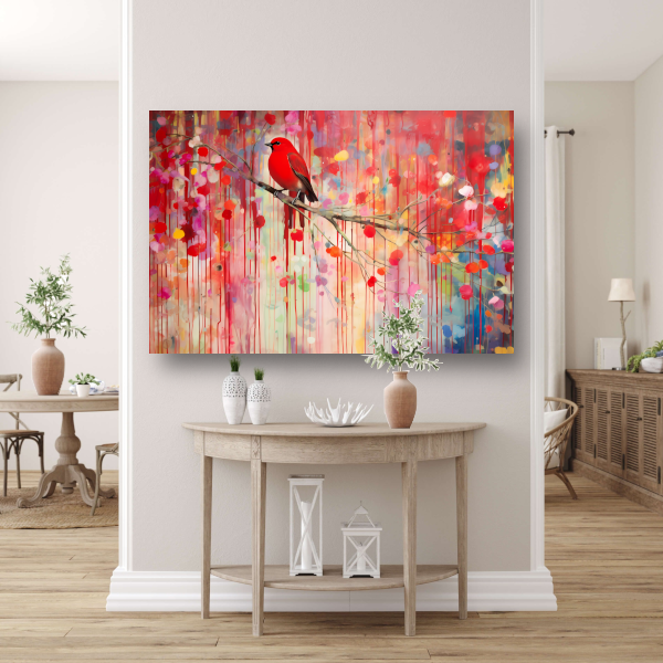 Roodborstje op een tak, Minimalistisch schilderij acrylglas