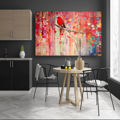 Roodborstje op een tak, Minimalistisch schilderij canvas met baklijst