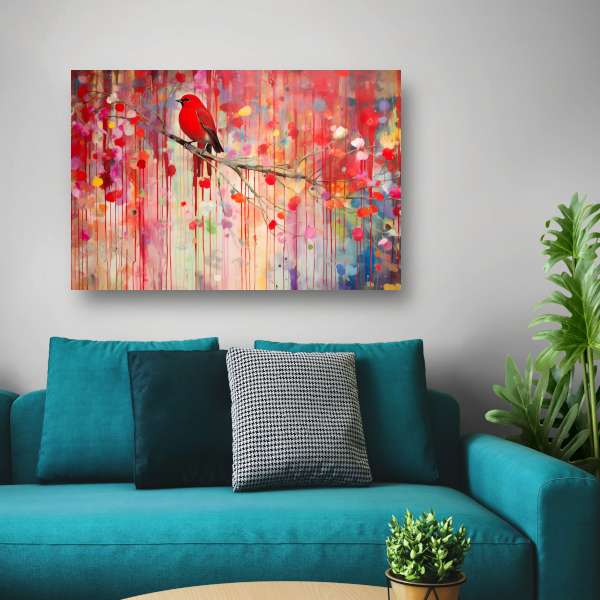 Roodborstje op een tak, Minimalistisch schilderij canvas met baklijst