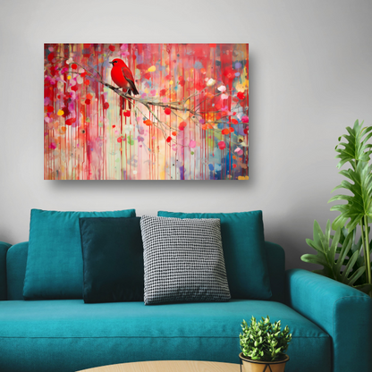 Roodborstje op een tak, Minimalistisch schilderij canvas met baklijst