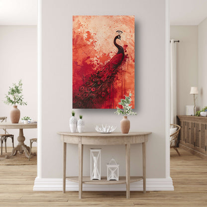 Abstract schilderij van een pauw met verfspatten acrylglas
