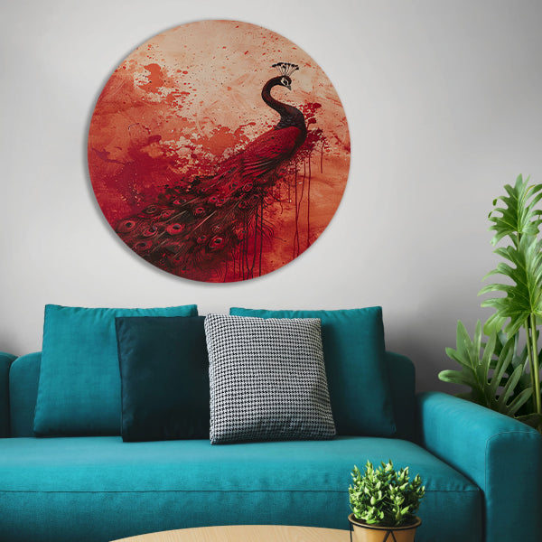 Abstract schilderij van een pauw met verfspatten aluminium muurcirkel