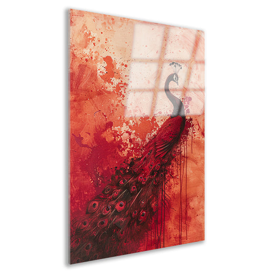 Abstract schilderij van een pauw met verfspatten acrylglas