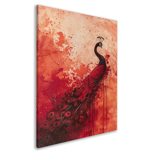Abstract schilderij van een pauw met verfspatten canvas