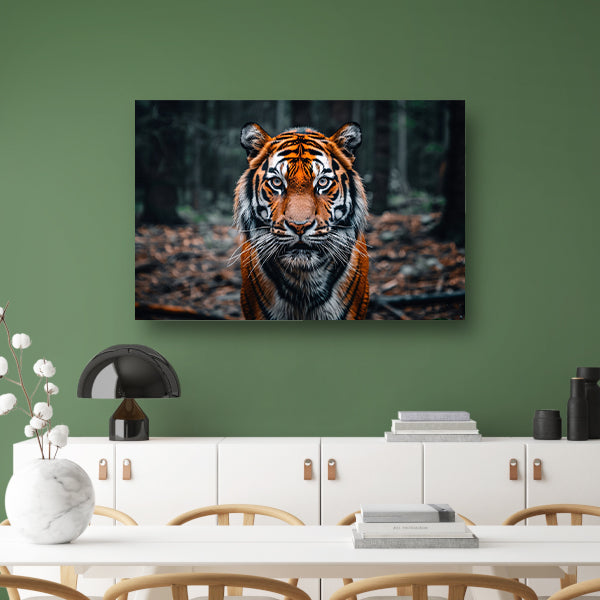Realistische tijger in bosrijke omgeving canvas met baklijst