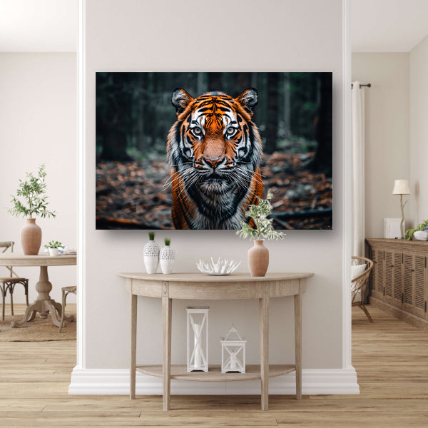 Realistische tijger in bosrijke omgeving canvas met baklijst